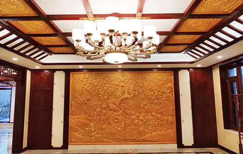 端州中式别墅客厅中式木作横梁吊顶装饰展示